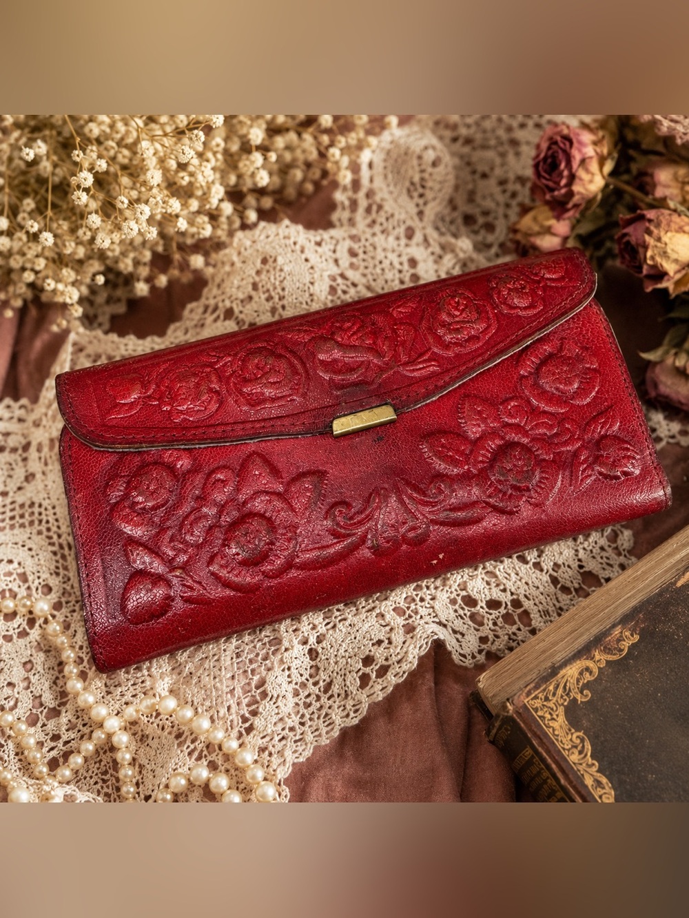 Vtg Red Tooled Floral Leather Checkbook Wallet Organizer Embossed Roses PRYM